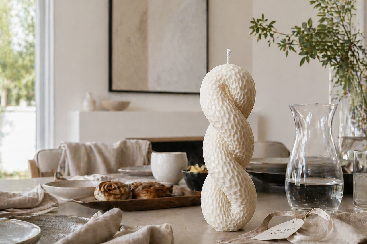 Twisted Knitted Knot Pillar Candle – hand-poured soy wax candle, Living Light Candle Dublin