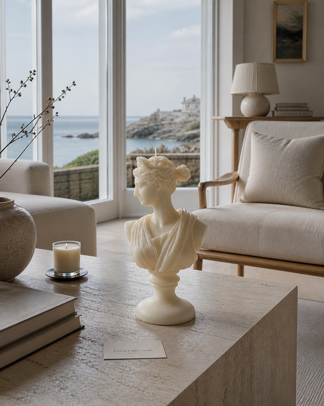Artemis Diana Bust Candle – hand-poured soy wax sculpture candle, Living Light Candle Dublin