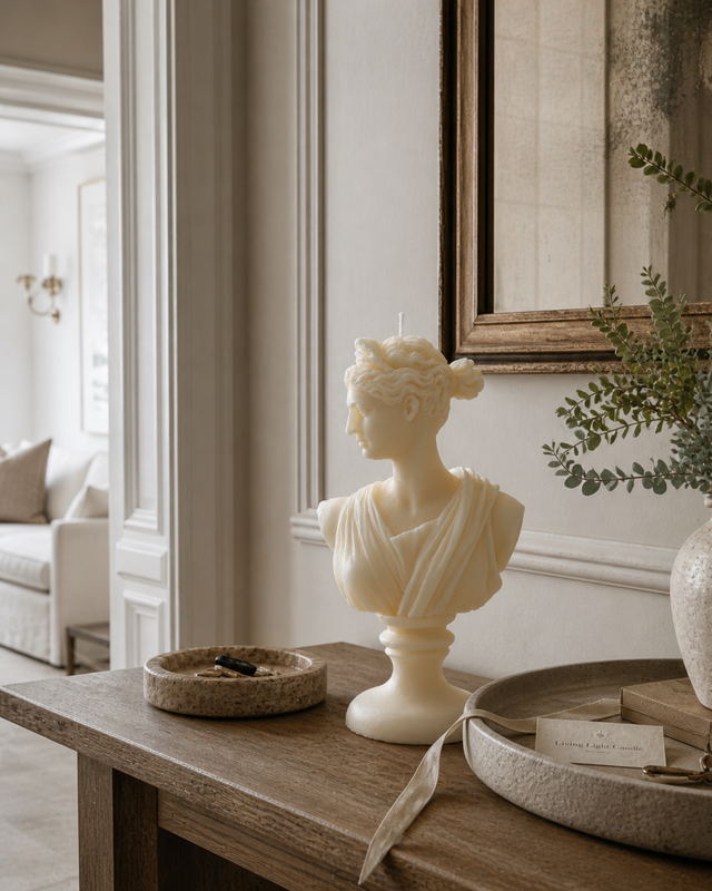 Artemis Diana Bust Candle – hand-poured soy wax sculpture candle, Living Light Candle Dublin