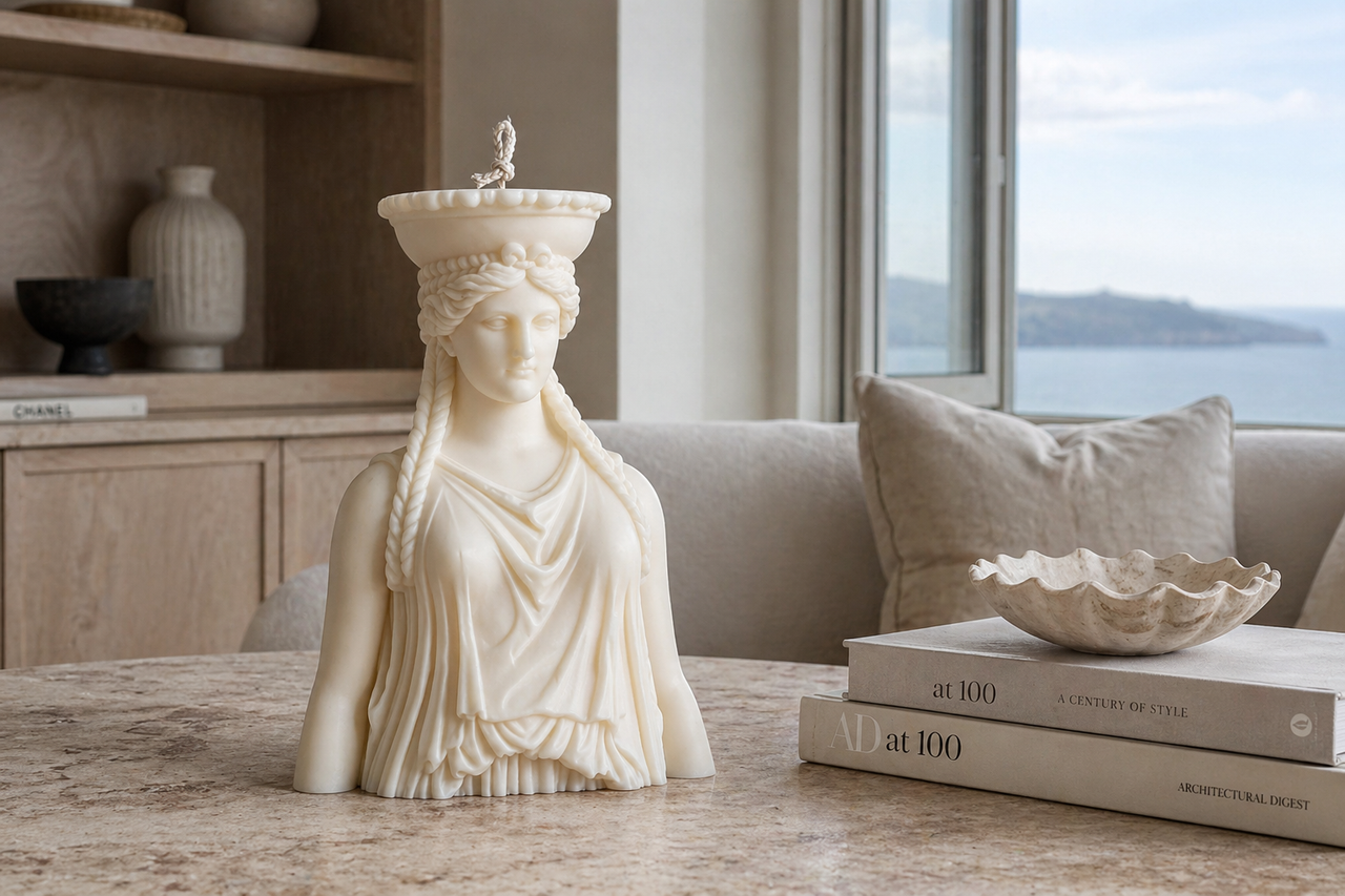 Caryatid Goddess Bust Candle Large – hand-poured soy wax sculpture candle, Living Light Candle Dublin