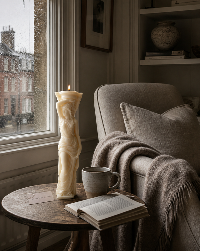 Caryatid Statue Candle – hand-poured soy wax sculpture candle, Living Light Candle Dublin
