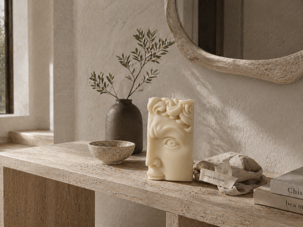 David Greek Half-Head Candle – hand-poured soy wax sculpture candle, Living Light Candle Dublin