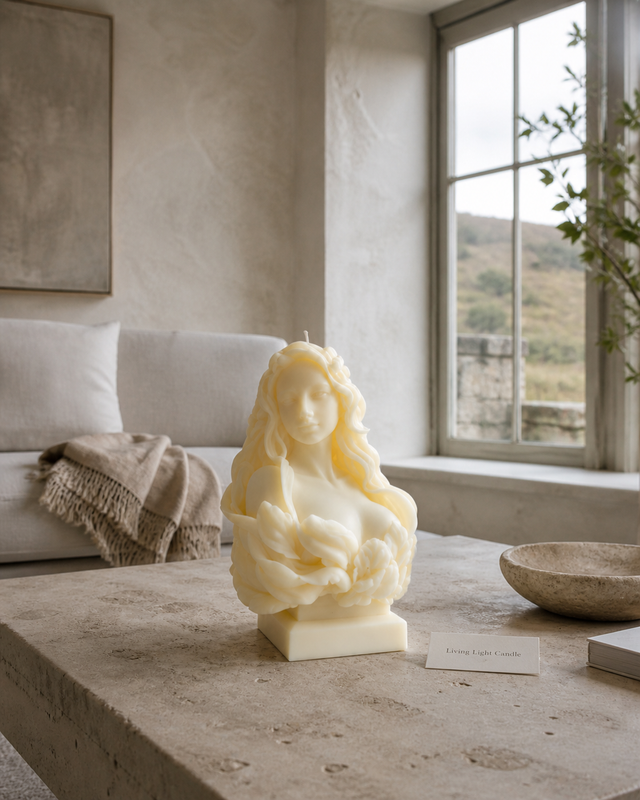 Beautiful Lady Goddess Bust Candle – hand-poured soy wax sculpture candle, Living Light Candle Dublin