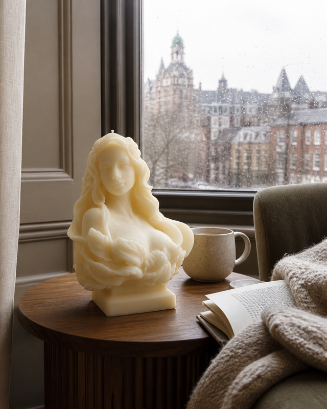 Beautiful Lady Goddess Bust Candle – hand-poured soy wax sculpture candle, Living Light Candle Dublin