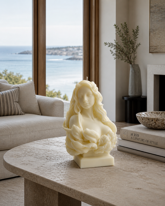 Beautiful Lady Goddess Bust Candle – hand-poured soy wax sculpture candle, Living Light Candle Dublin