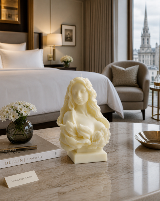Beautiful Lady Goddess Bust Candle – hand-poured soy wax sculpture candle, Living Light Candle Dublin