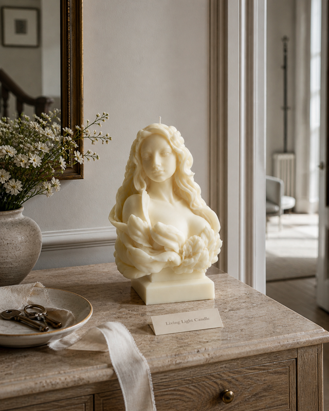 Beautiful Lady Goddess Bust Candle – hand-poured soy wax sculpture candle, Living Light Candle Dublin