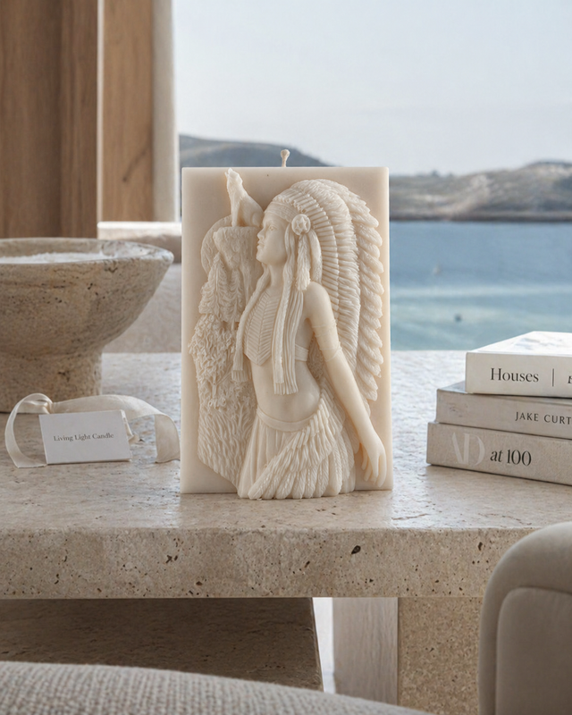 Indian Woman and Wolf Sculpture Candle – hand-poured soy wax candle, Living Light Candle Dublin