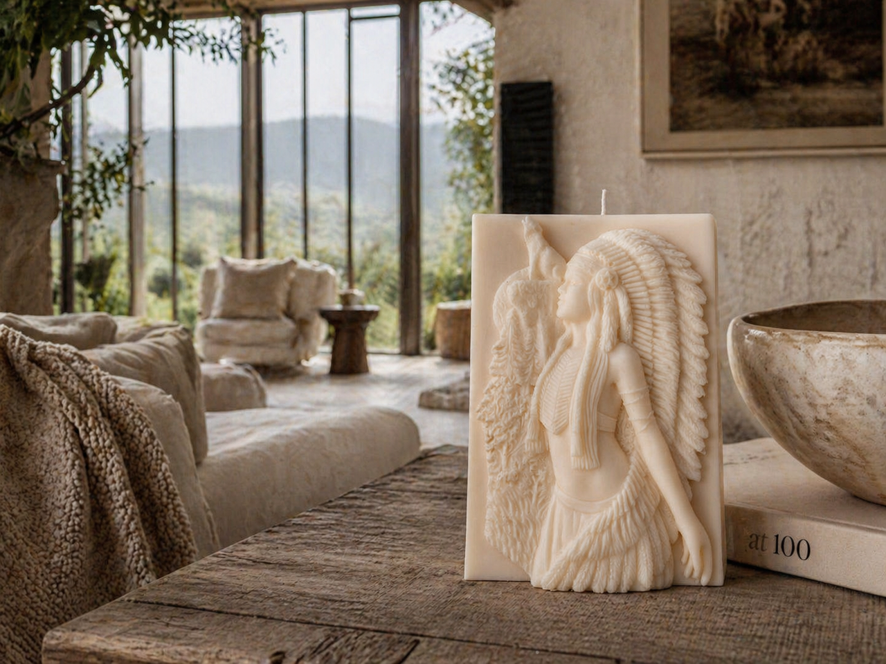 Indian Woman and Wolf Sculpture Candle – hand-poured soy wax candle, Living Light Candle Dublin