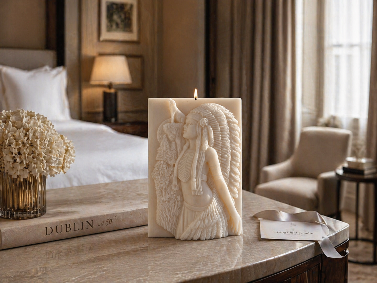 Indian Woman and Wolf Sculpture Candle – hand-poured soy wax candle, Living Light Candle Dublin