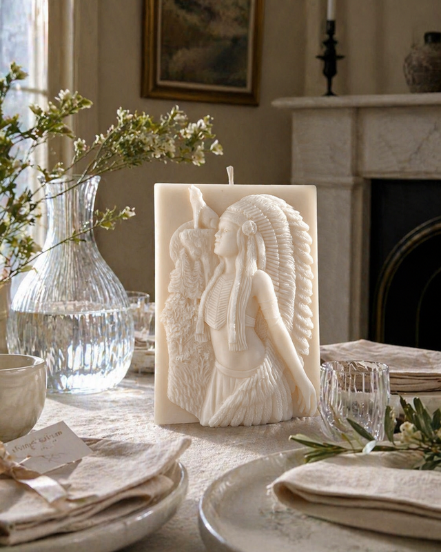 Indian Woman and Wolf Sculpture Candle – hand-poured soy wax candle, Living Light Candle Dublin