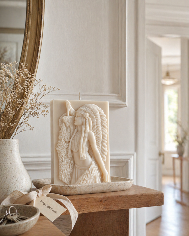 Indian Woman and Wolf Sculpture Candle – hand-poured soy wax candle, Living Light Candle Dublin