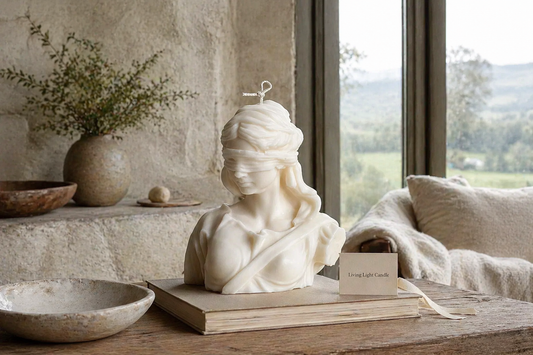 Lady Justice Goddess Bust Candle – hand-poured soy wax sculpture candle, Living Light Candle Dublin