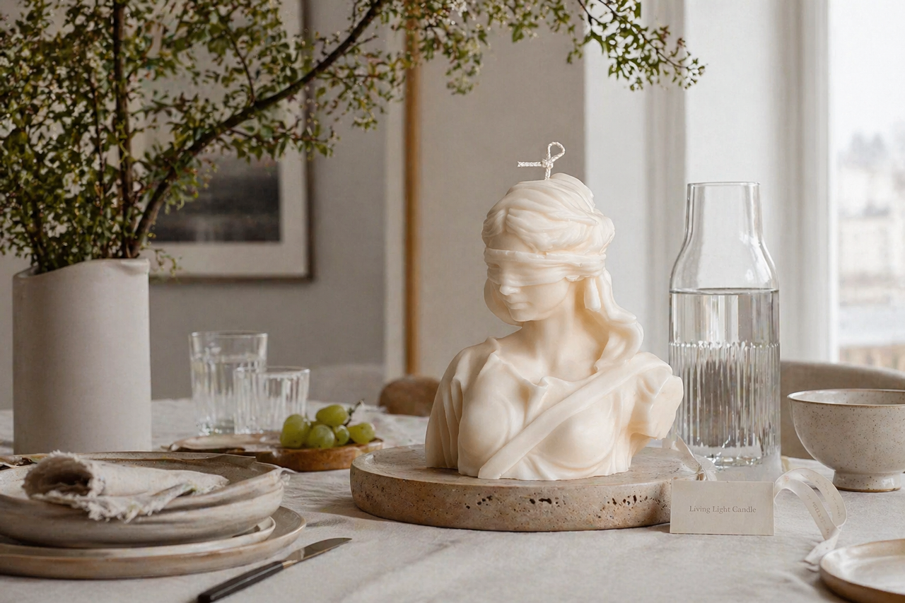 Lady Justice Goddess Bust Candle – hand-poured soy wax sculpture candle, Living Light Candle Dublin