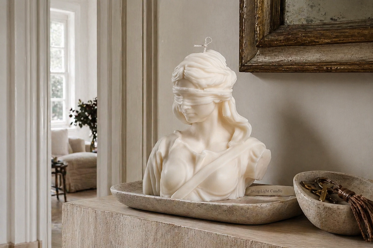 Lady Justice Goddess Bust Candle – hand-poured soy wax sculpture candle, Living Light Candle Dublin