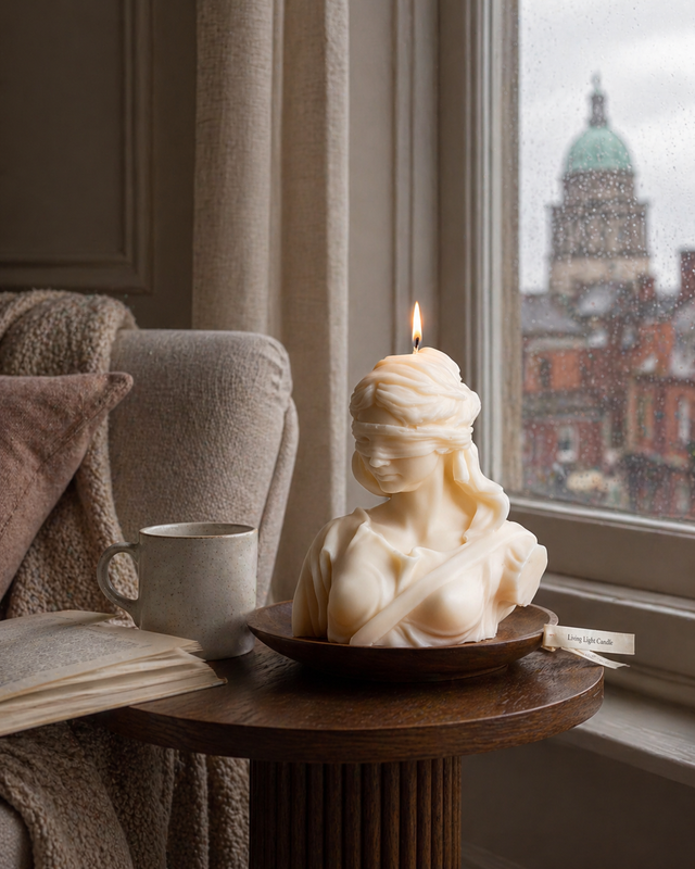 Lady Justice Goddess Bust Candle – hand-poured soy wax sculpture candle, Living Light Candle Dublin