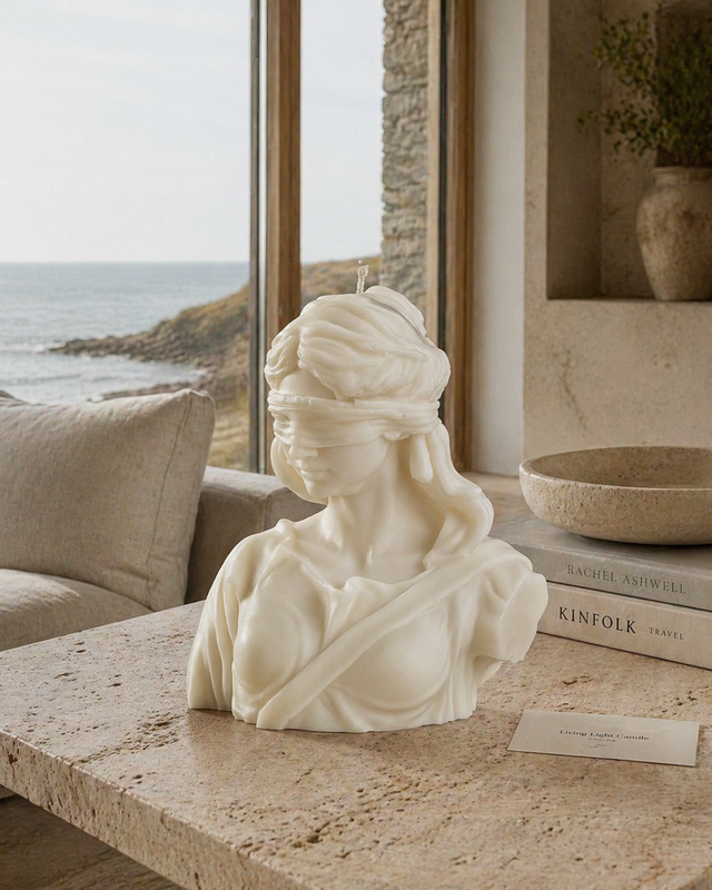 Lady Justice Goddess Bust Candle – hand-poured soy wax sculpture candle, Living Light Candle Dublin