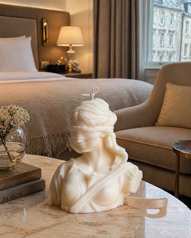 Lady Justice Goddess Bust Candle – hand-poured soy wax sculpture candle, Living Light Candle Dublin