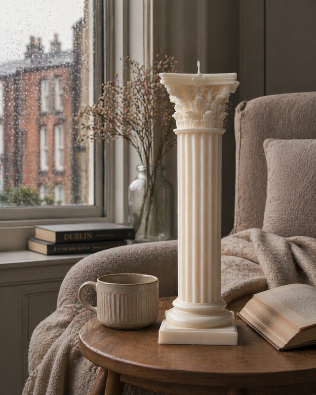 Corinthian Roman Column Pillar Candle – hand-poured soy wax candle, Living Light Candle Dublin