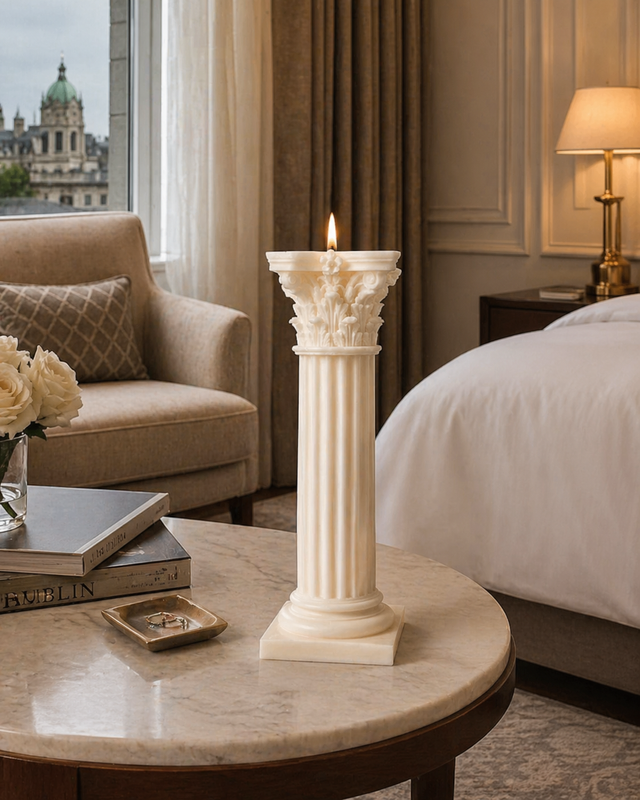 Corinthian Roman Column Pillar Candle – hand-poured soy wax candle, Living Light Candle Dublin