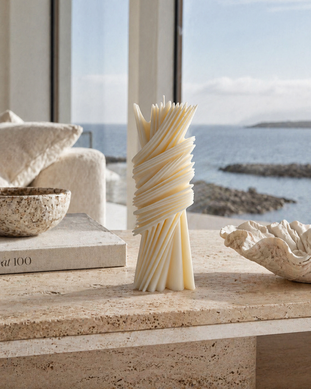 Geometric Striped Pillar Candle – hand-poured soy wax candle, Living Light Candle Dublin