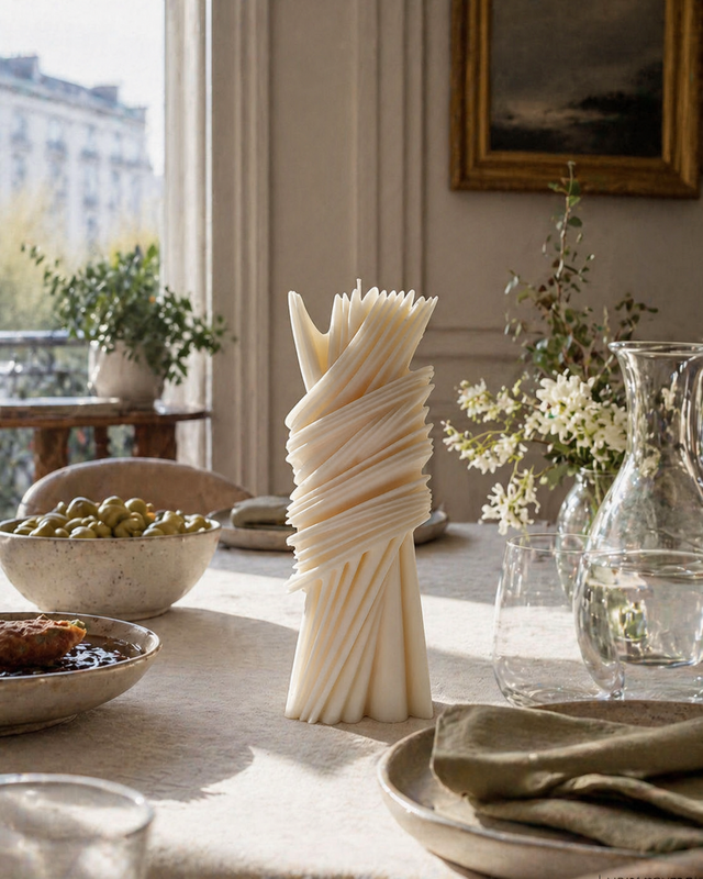 Geometric Striped Pillar Candle – hand-poured soy wax candle, Living Light Candle Dublin