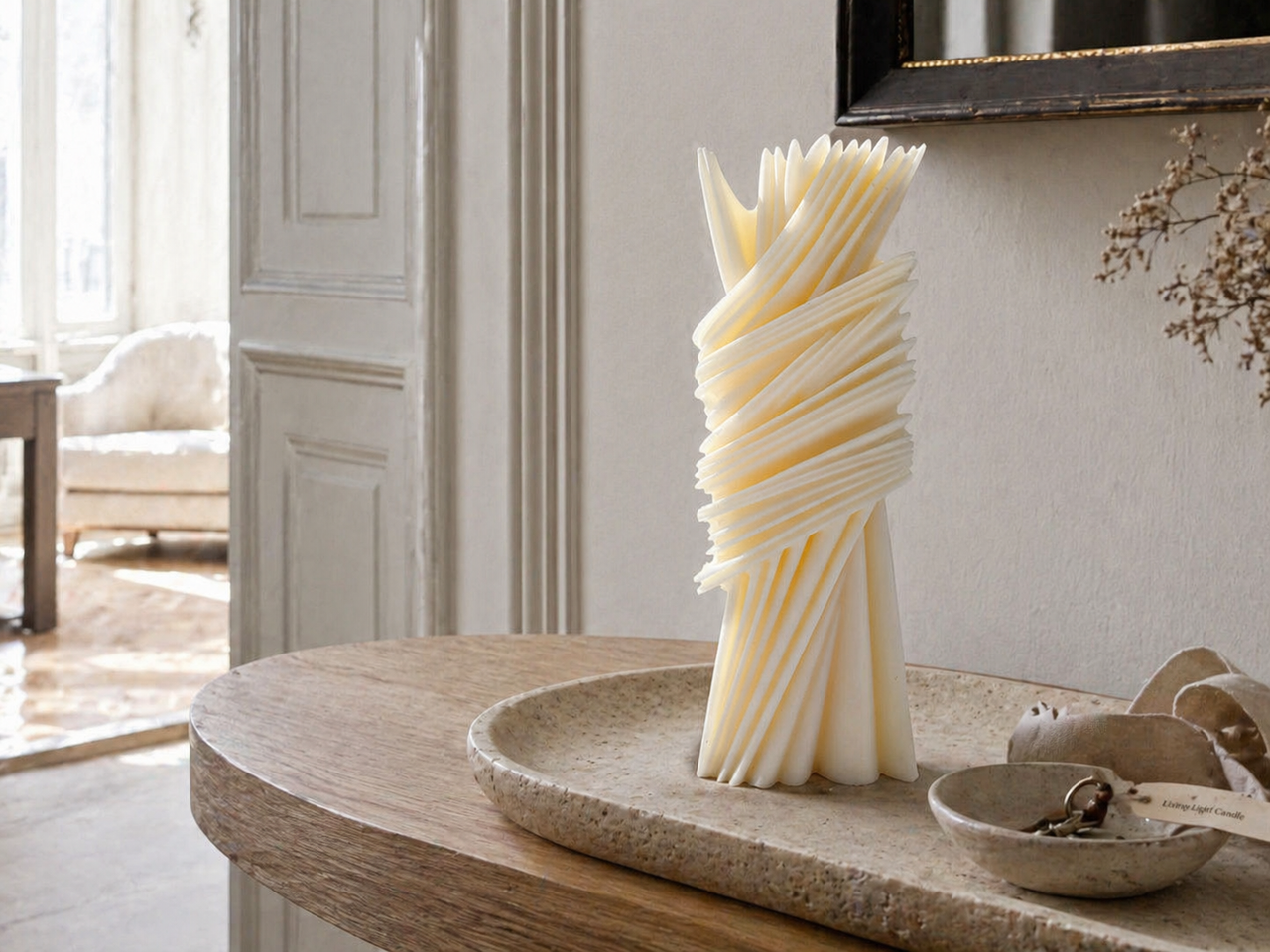 Geometric Striped Pillar Candle – hand-poured soy wax candle, Living Light Candle Dublin