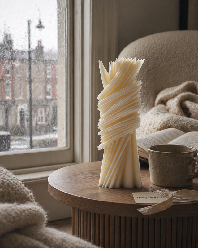 Geometric Striped Pillar Candle – hand-poured soy wax candle, Living Light Candle Dublin