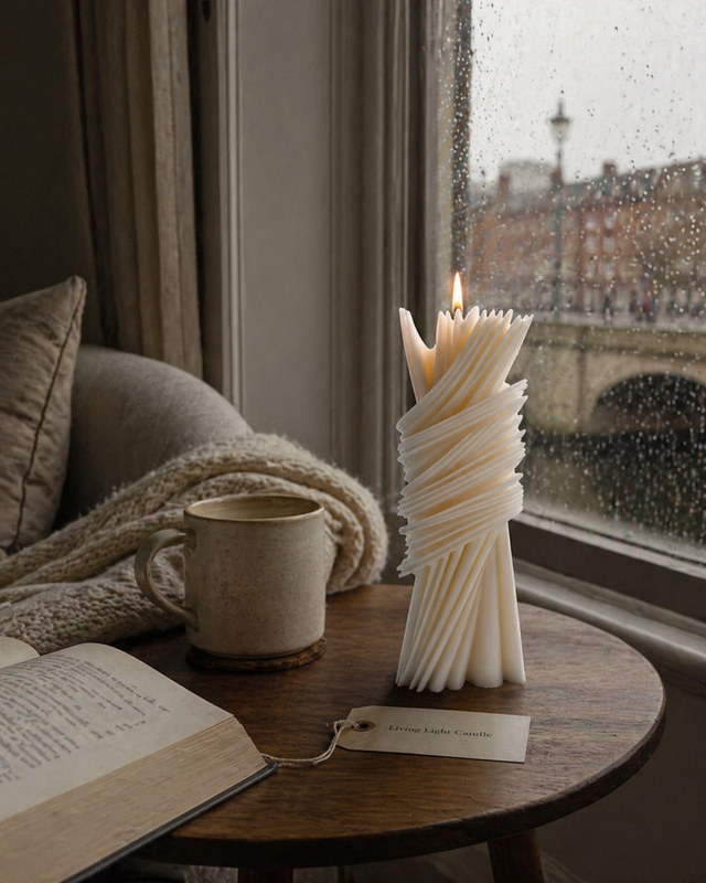 Geometric Striped Pillar Candle – hand-poured soy wax candle, Living Light Candle Dublin