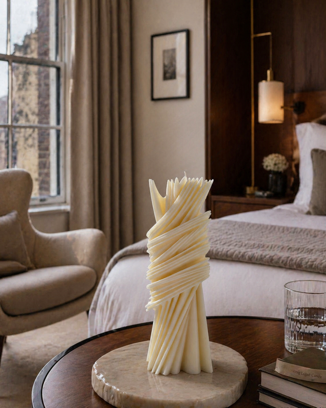 Geometric Striped Pillar Candle – hand-poured soy wax candle, Living Light Candle Dublin