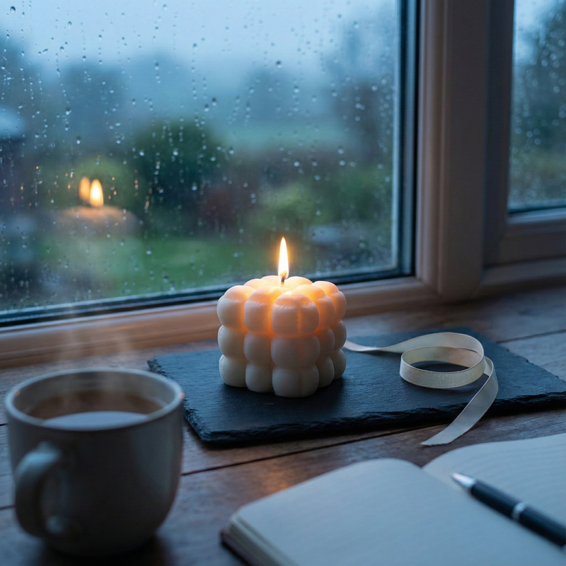 Square Textured Pillow Candle – hand-poured soy wax candle, Living Light Candle Dublin