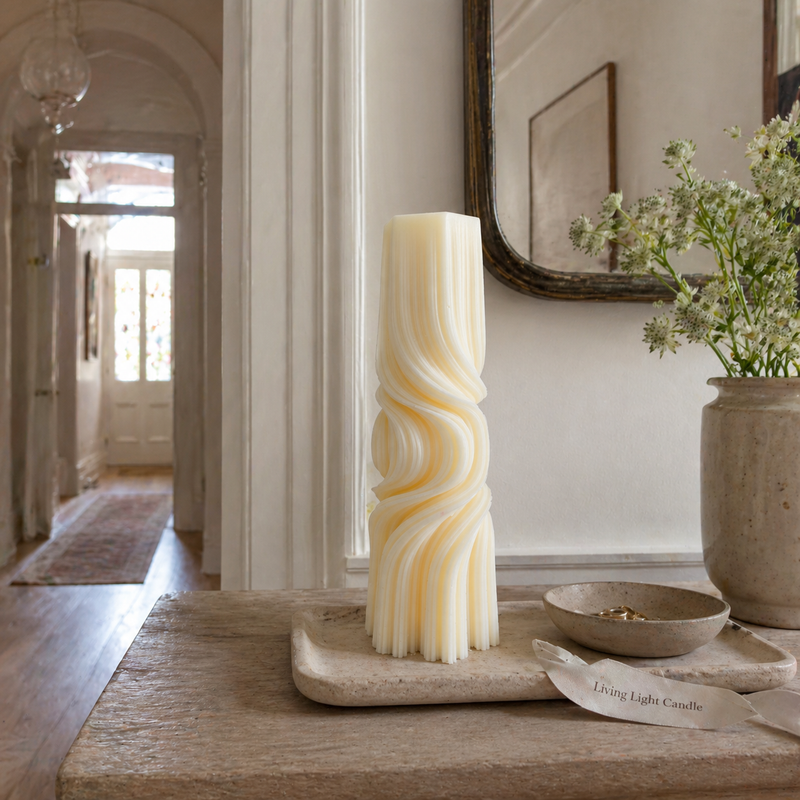 Tall Twirl Taper Roman Pillar Candle – hand-poured soy wax candle, Living Light Candle Dublin