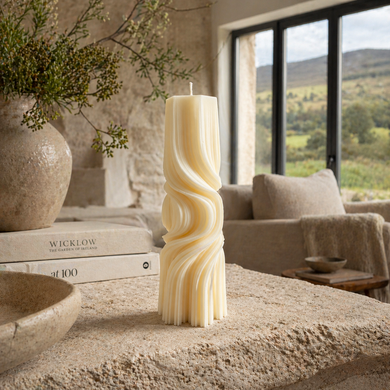 Tall Twirl Taper Roman Pillar Candle – hand-poured soy wax candle, Living Light Candle Dublin