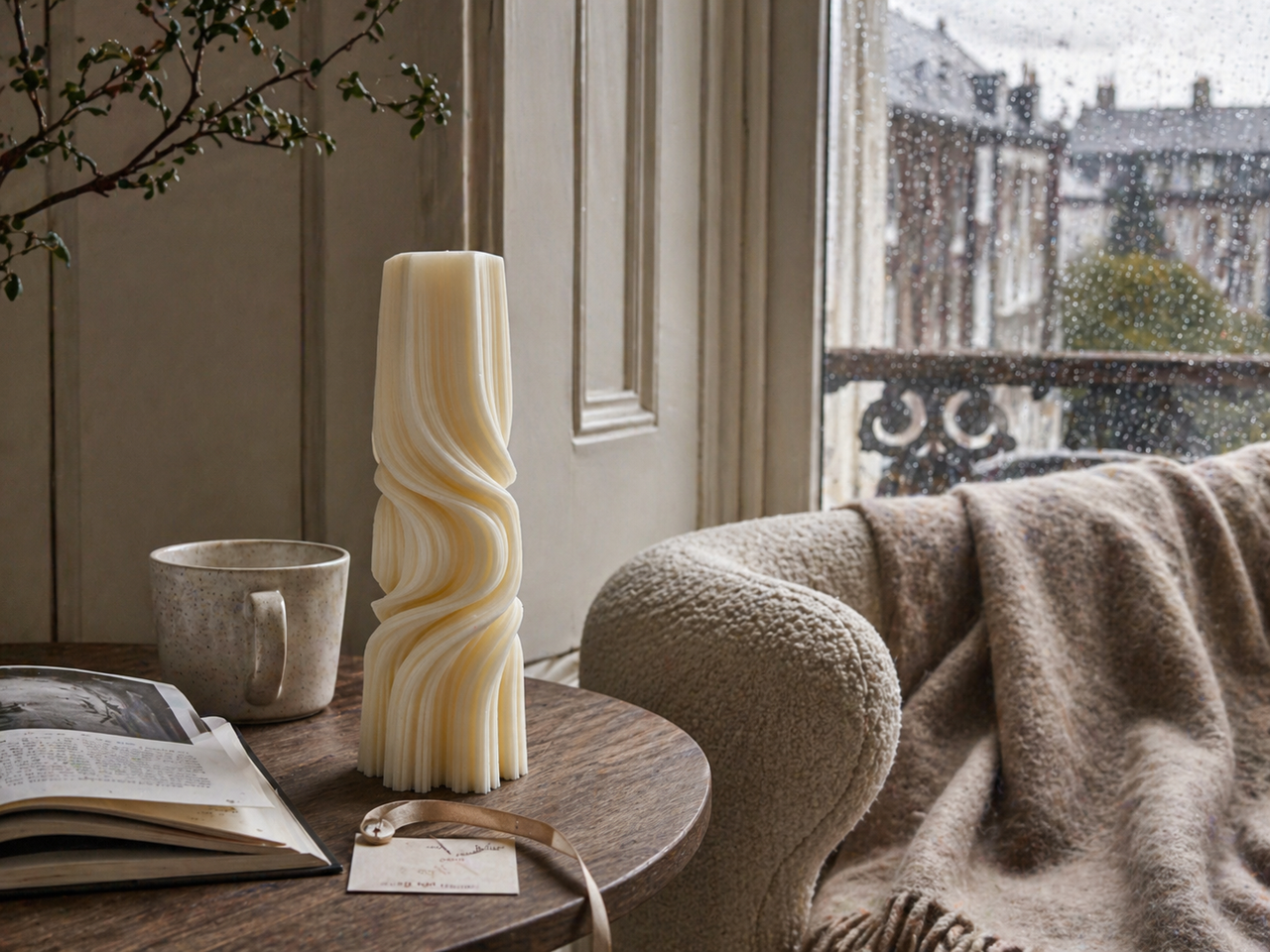 Tall Twirl Taper Roman Pillar Candle – hand-poured soy wax candle, Living Light Candle Dublin