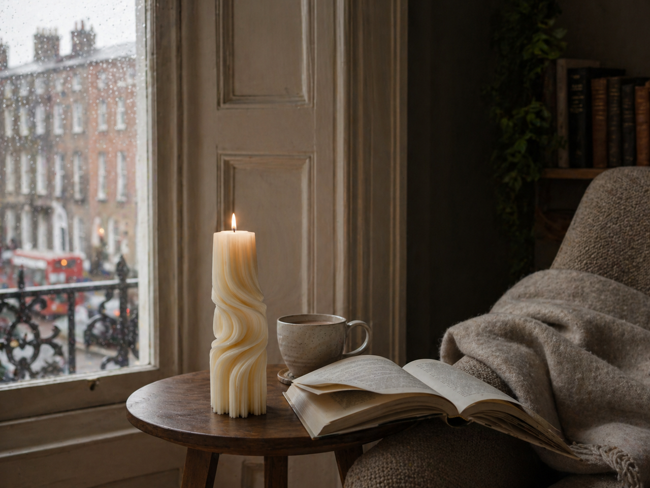 Tall Twirl Taper Roman Pillar Candle – hand-poured soy wax candle, Living Light Candle Dublin