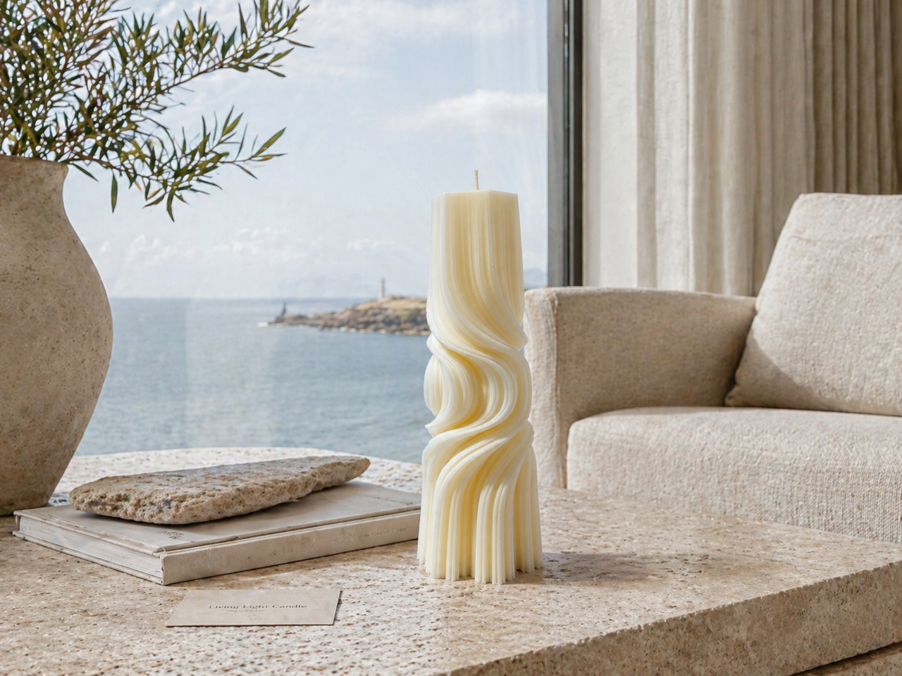 Tall Twirl Taper Roman Pillar Candle – hand-poured soy wax candle, Living Light Candle Dublin