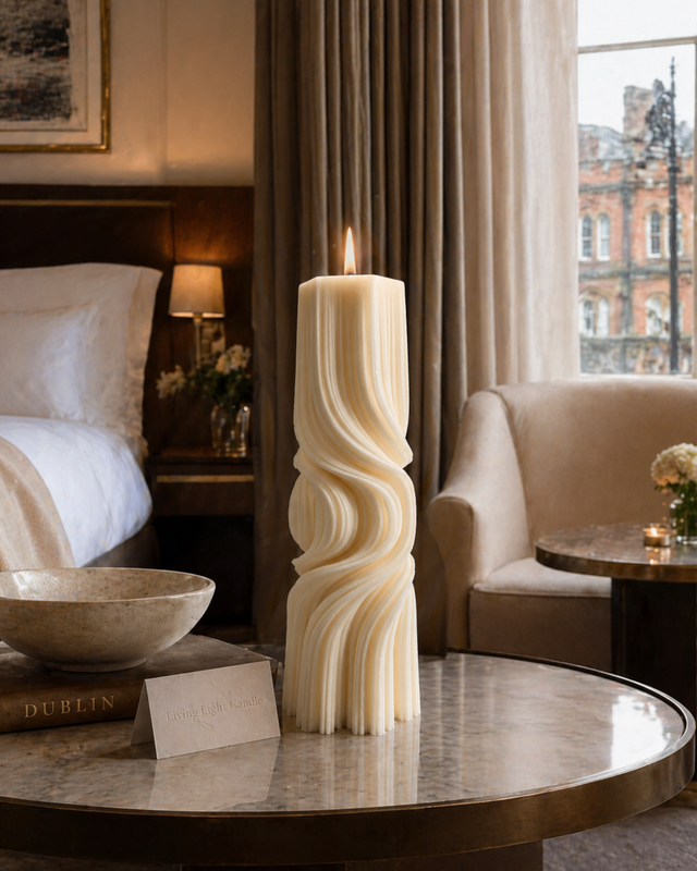 Tall Twirl Taper Roman Pillar Candle – hand-poured soy wax candle, Living Light Candle Dublin