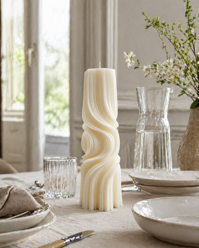 Tall Twirl Taper Roman Pillar Candle – hand-poured soy wax candle, Living Light Candle Dublin