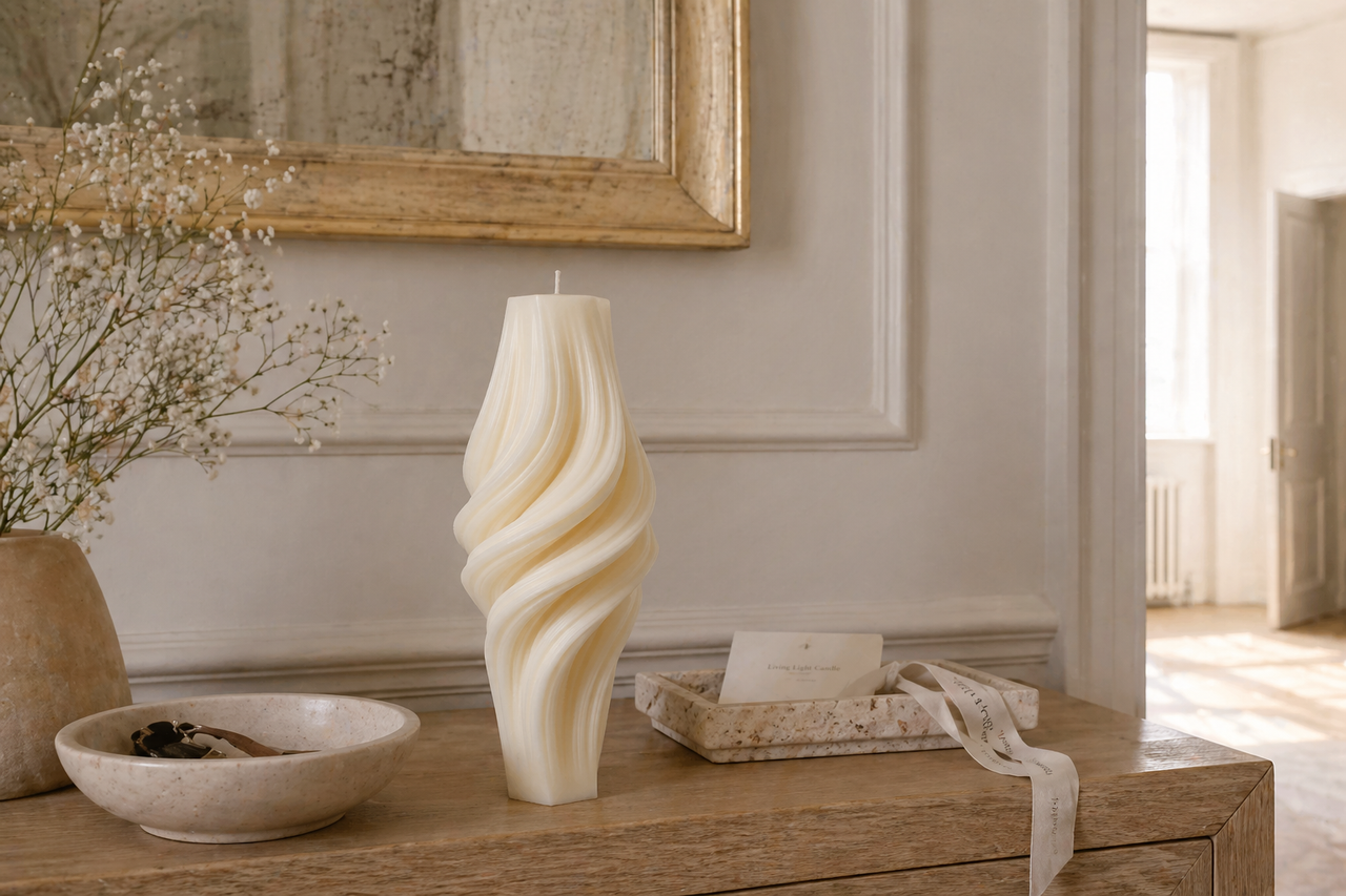 Fluted Twirl Roman Pillar Candle – hand-poured soy wax candle, Living Light Candle Dublin