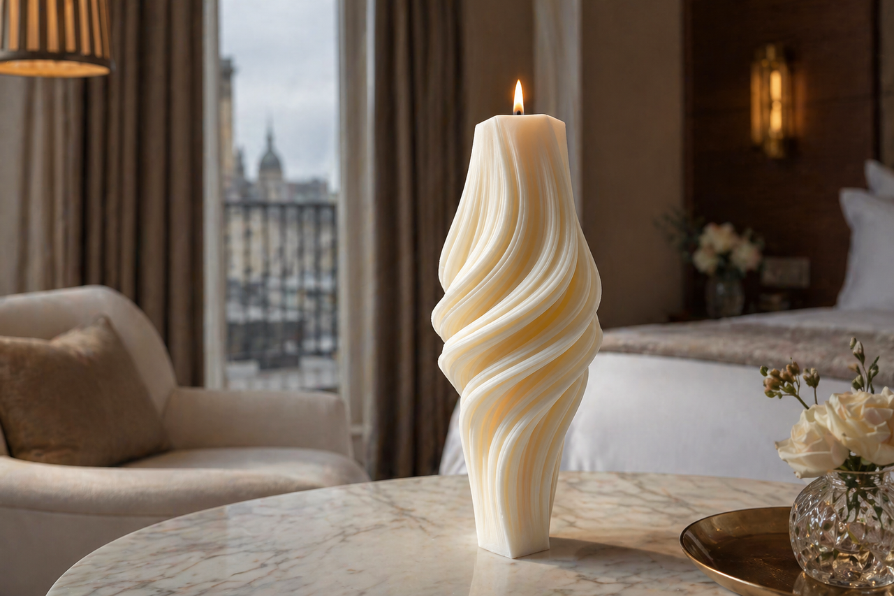Fluted Twirl Roman Pillar Candle – hand-poured soy wax candle, Living Light Candle Dublin