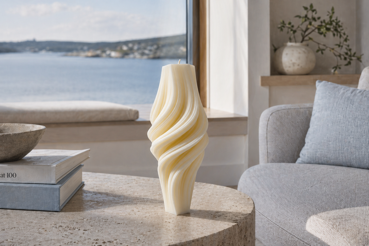 Fluted Twirl Roman Pillar Candle – hand-poured soy wax candle, Living Light Candle Dublin