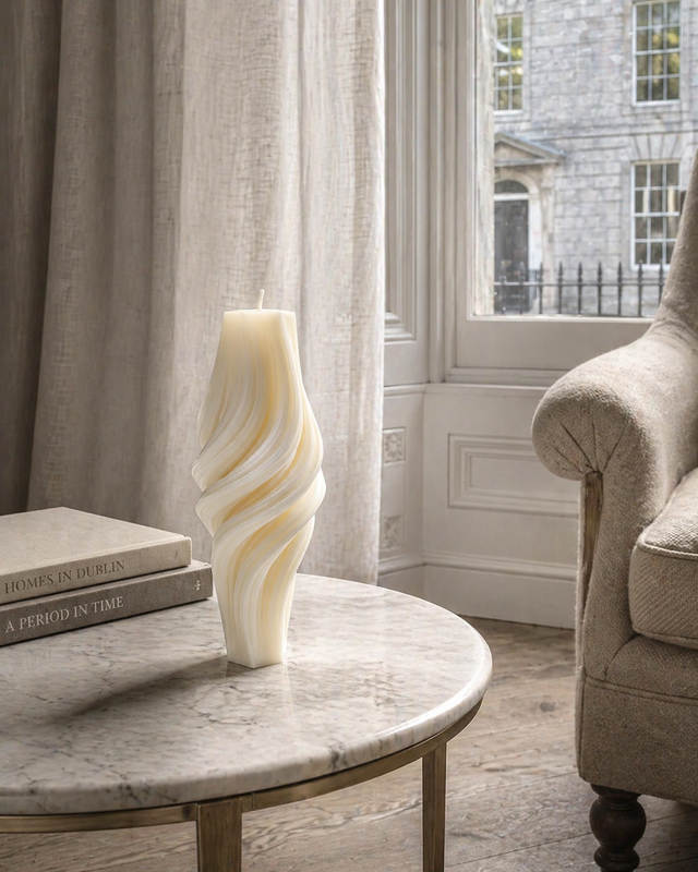 Fluted Twirl Roman Pillar Candle – hand-poured soy wax candle, Living Light Candle Dublin