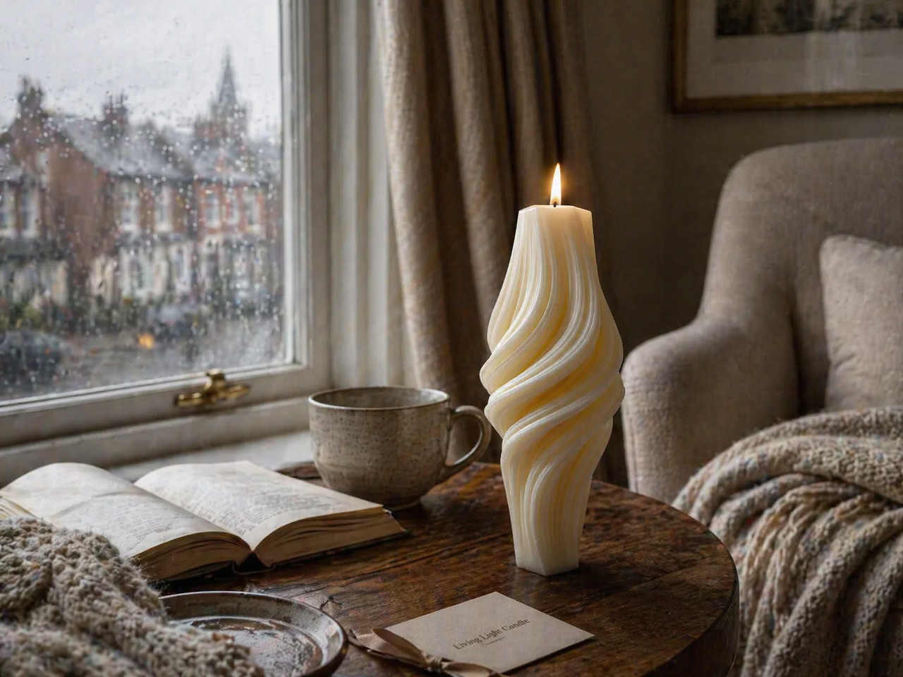 Fluted Twirl Roman Pillar Candle – hand-poured soy wax candle, Living Light Candle Dublin
