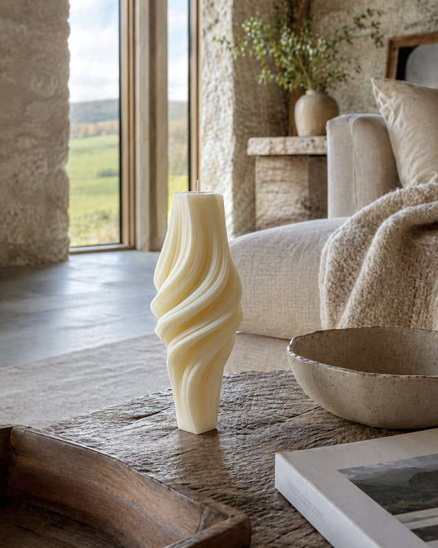 Fluted Twirl Roman Pillar Candle – hand-poured soy wax candle, Living Light Candle Dublin