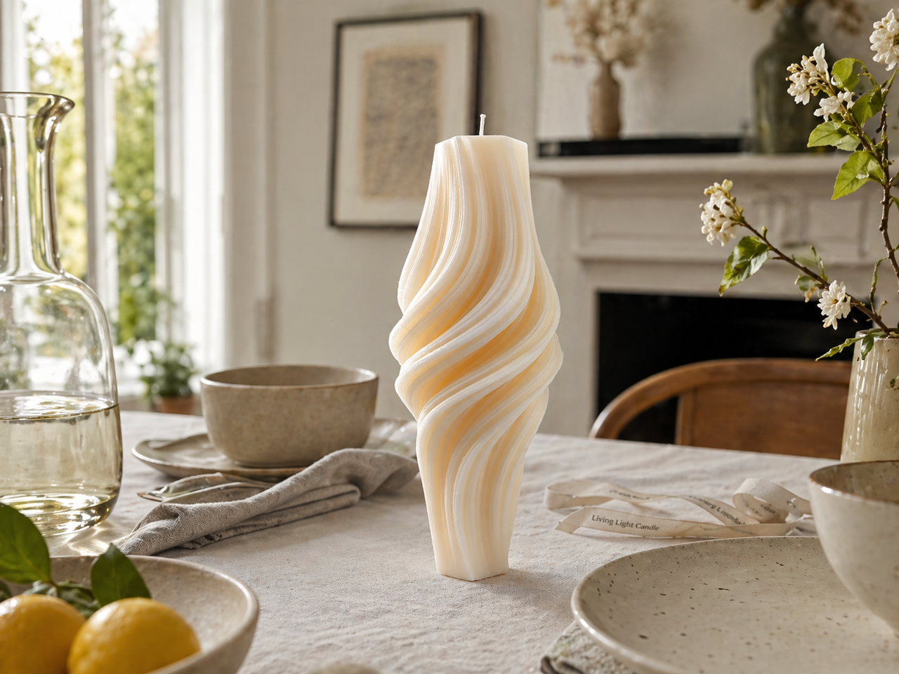 Fluted Twirl Roman Pillar Candle – hand-poured soy wax candle, Living Light Candle Dublin