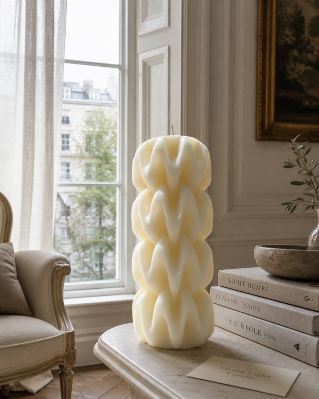 Wave Pillar Swirl Candle Large – hand-poured soy wax candle, Living Light Candle Dublin