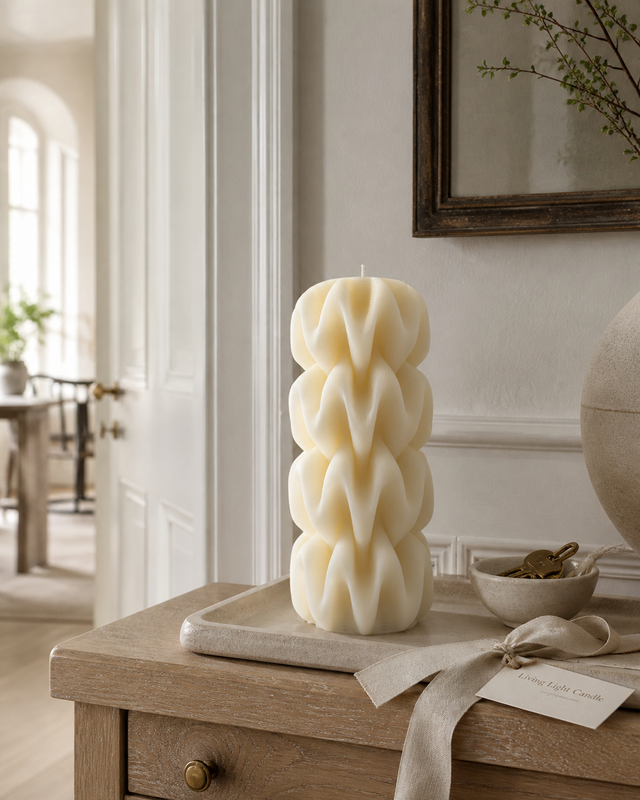 Wave Pillar Swirl Candle Large – hand-poured soy wax candle, Living Light Candle Dublin