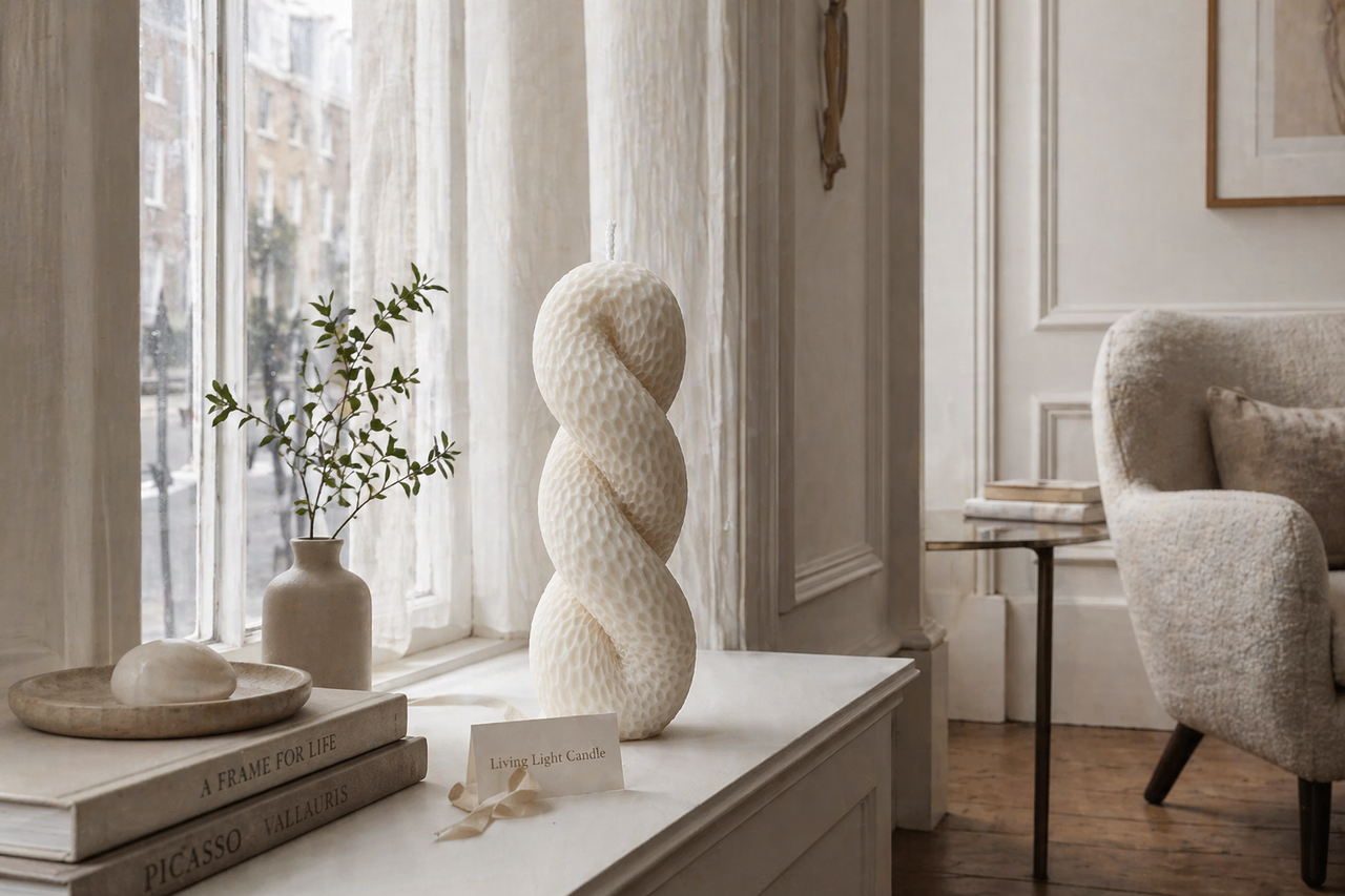 Twisted Knitted Knot Pillar Candle – hand-poured soy wax candle, Living Light Candle Dublin