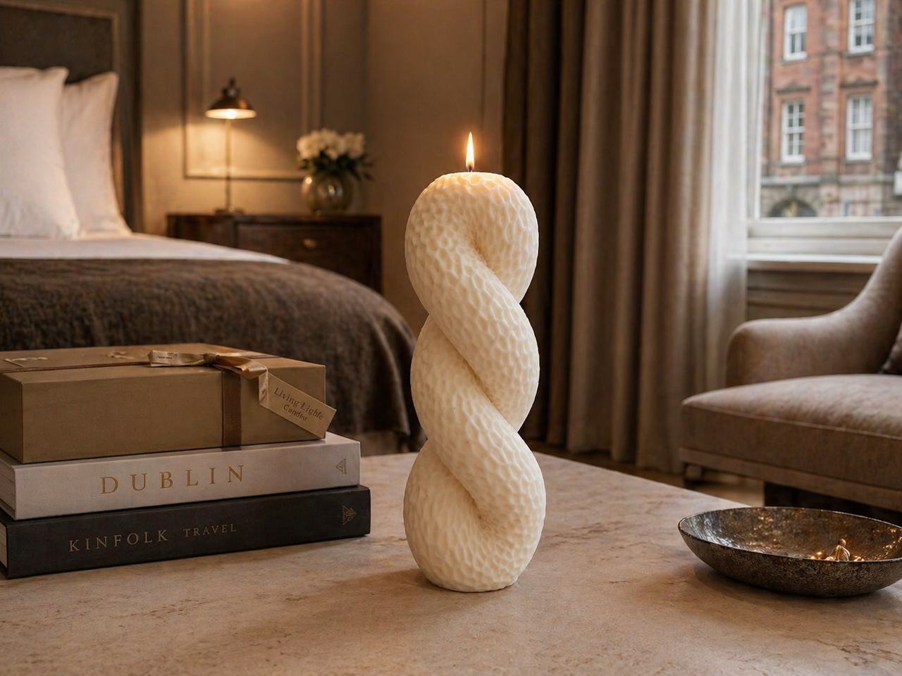 Twisted Knitted Knot Pillar Candle – hand-poured soy wax candle, Living Light Candle Dublin