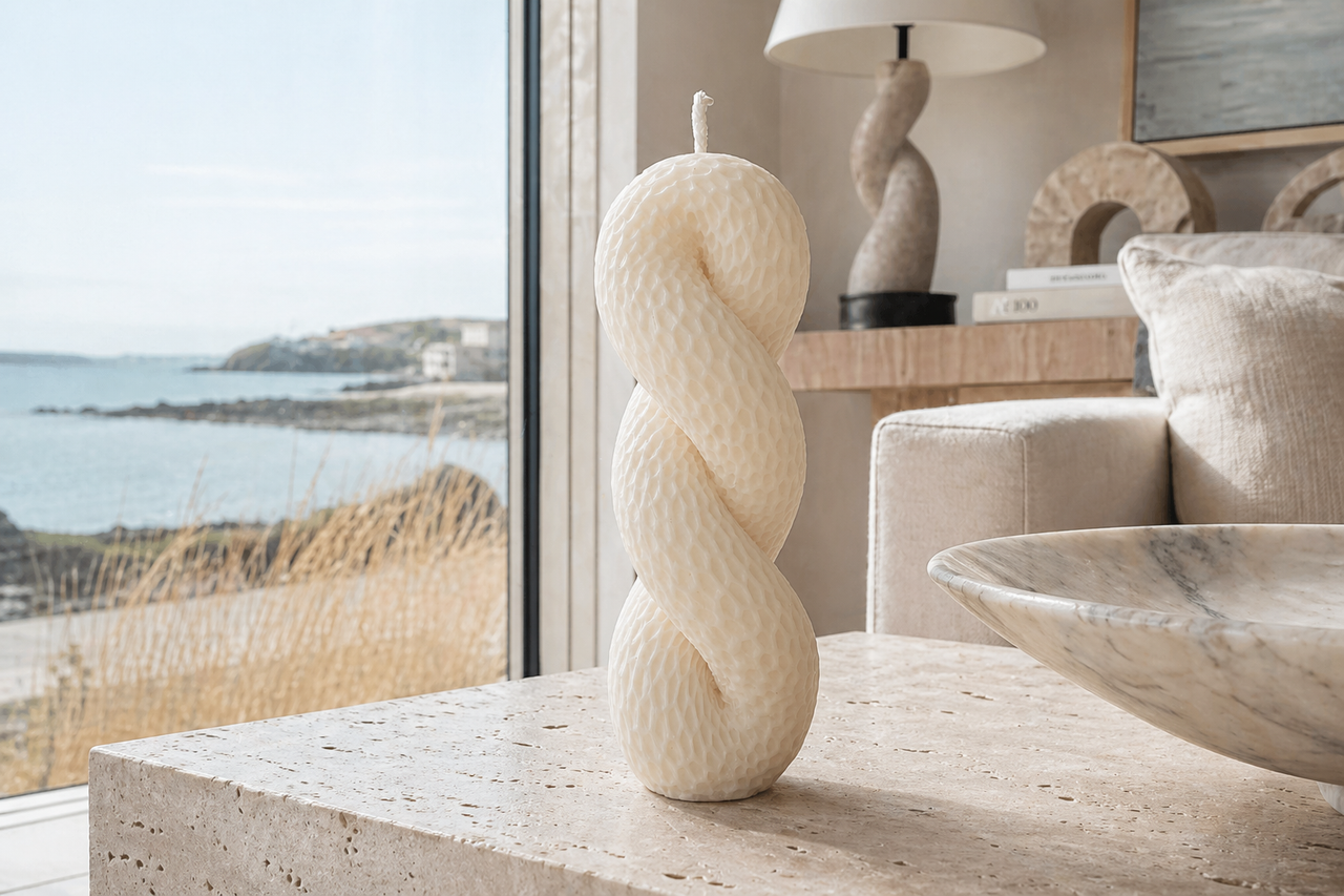Twisted Knitted Knot Pillar Candle – hand-poured soy wax candle, Living Light Candle Dublin